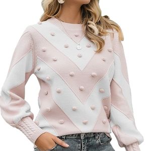 Women's Size Medium Pink White Soft Sweater Polka Dot Knit Striped